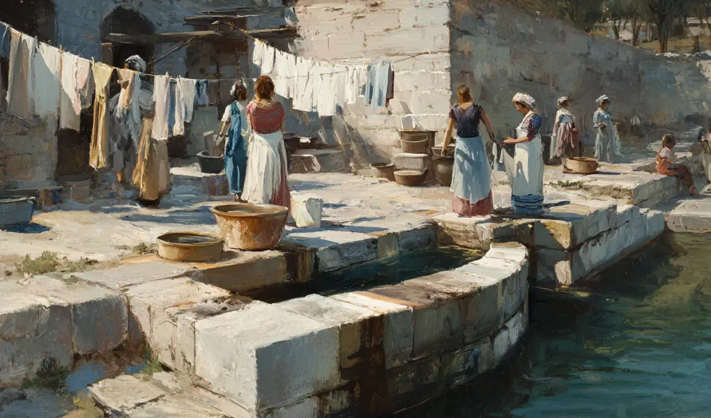 Γυναίκες πλένουν ρούχα σε πλυσταριό στον Ιλισό, παλιά Αθήνα.