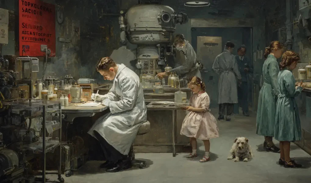 AI-generated painting showing Cold War radiation experiments on children and patients