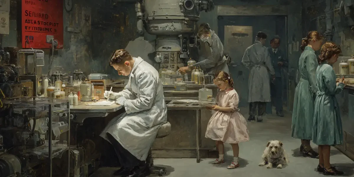 AI-generated painting showing Cold War radiation experiments on children and patients