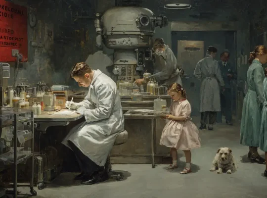 AI-generated painting showing Cold War radiation experiments on children and patients