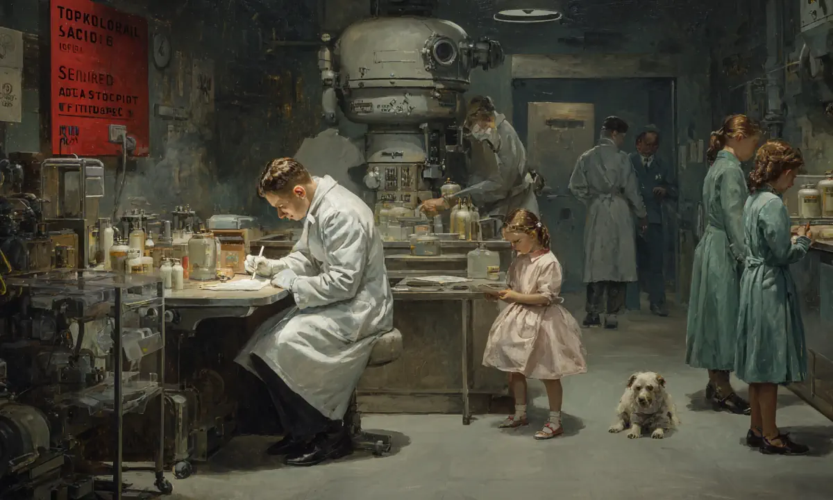 AI-generated painting showing Cold War radiation experiments on children and patients