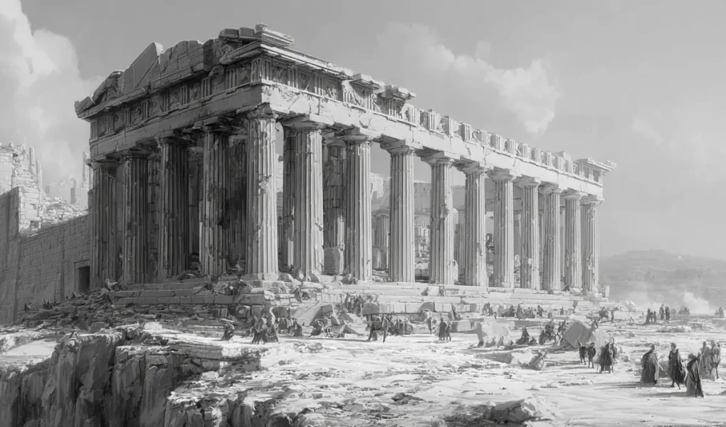 Παρθενώνας σε συνθήκες πολιορκίας με μαχητές και αναφορά στους συνδέσμους και στις αποκαταστάσεις