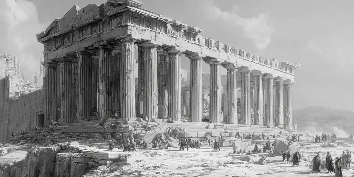 Παρθενώνας σε συνθήκες πολιορκίας με μαχητές και αναφορά στους συνδέσμους και στις αποκαταστάσεις