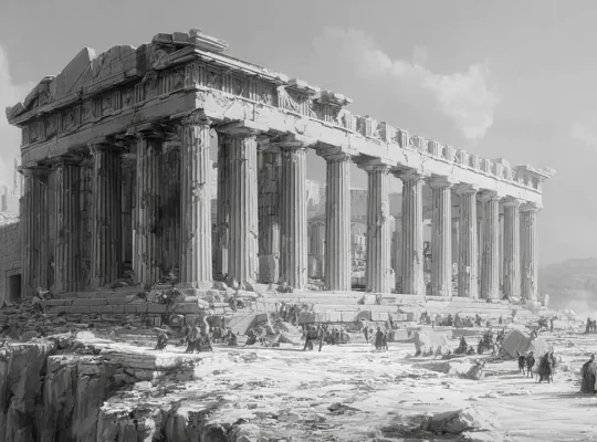 Παρθενώνας σε συνθήκες πολιορκίας με μαχητές και αναφορά στους συνδέσμους και στις αποκαταστάσεις
