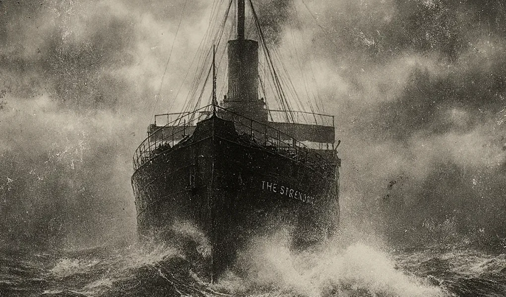 SS Thessaloniki ακυβέρνητο στον Ατλαντικό το 1915 (AI-generated image)