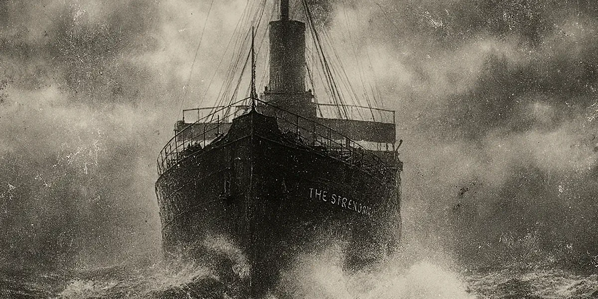 SS Thessaloniki ακυβέρνητο στον Ατλαντικό το 1915 (AI-generated image)