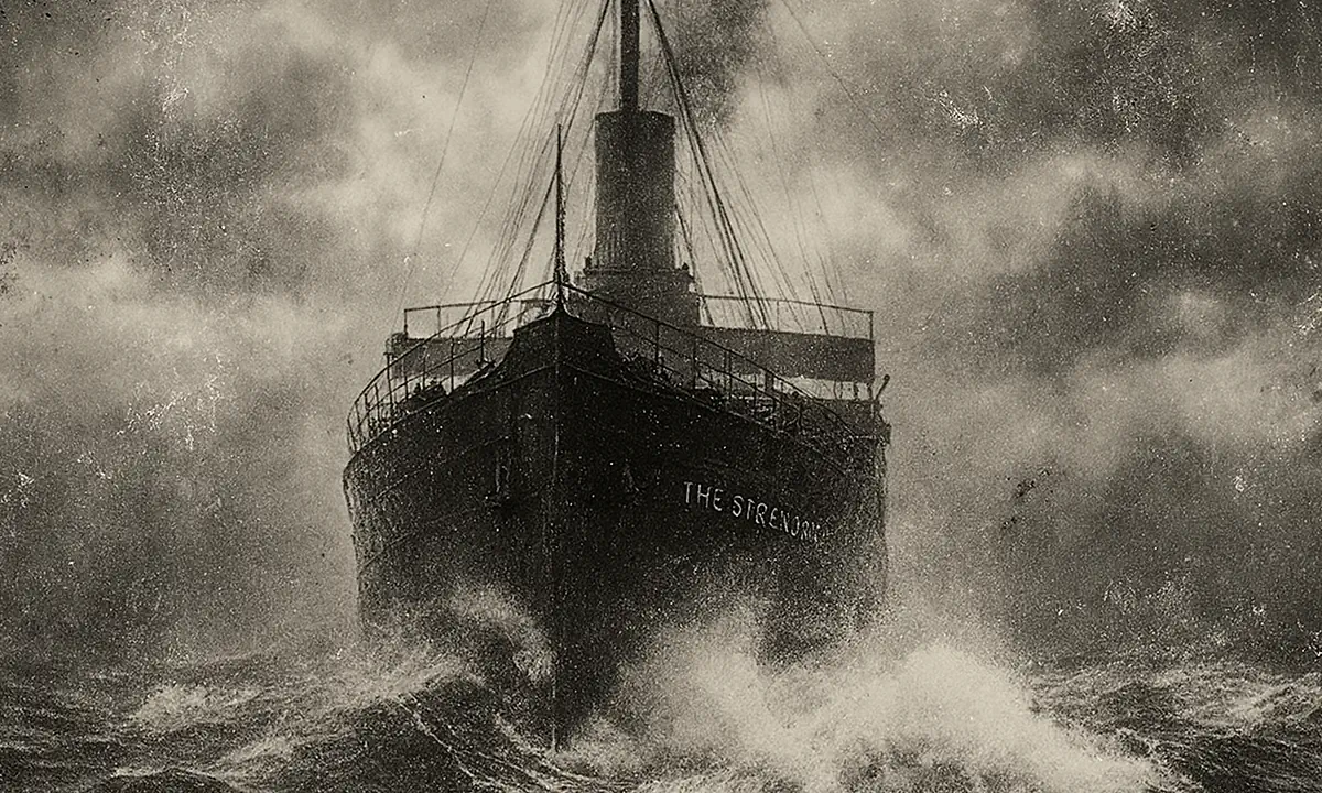 SS Thessaloniki ακυβέρνητο στον Ατλαντικό το 1915 (AI-generated image)
