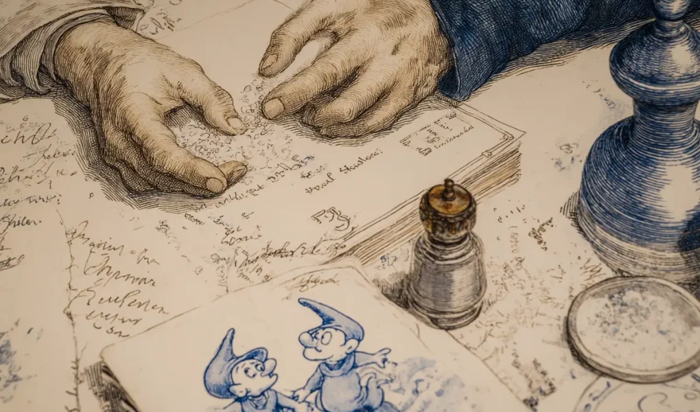 Αλατιέρα σε τραπέζι καφέ και σημειωματάριο με τη λέξη schtroumpf και πρόχειρα μπλε σκίτσα.