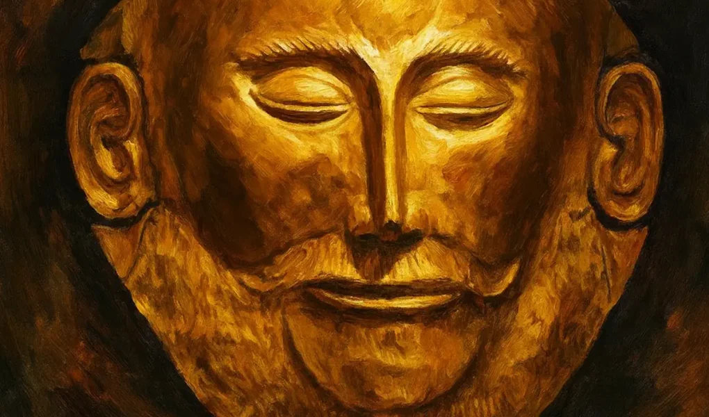 Καλλιτεχνική ρεαλιστική εικόνα της χρυσής μάσκας των Μυκηνών με έντονο φωτισμό.