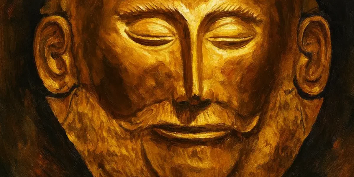 Καλλιτεχνική ρεαλιστική εικόνα της χρυσής μάσκας των Μυκηνών με έντονο φωτισμό.