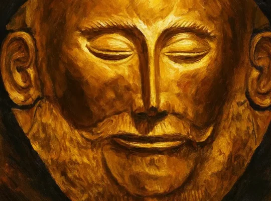 Καλλιτεχνική ρεαλιστική εικόνα της χρυσής μάσκας των Μυκηνών με έντονο φωτισμό.