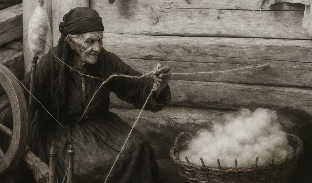Η 117χρονη γιαγιά των αδελφών Μανάκη, καθισμένη σε αργαλειό με καλάθι γεμάτο μαλλί, σε καλλιτεχνική απεικόνιση βασισμένη στο ιστορικό φιλμ. (AI-generated)