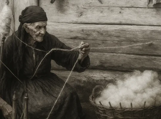 Η 117χρονη γιαγιά των αδελφών Μανάκη, καθισμένη σε αργαλειό με καλάθι γεμάτο μαλλί, σε καλλιτεχνική απεικόνιση βασισμένη στο ιστορικό φιλμ. (AI-generated)