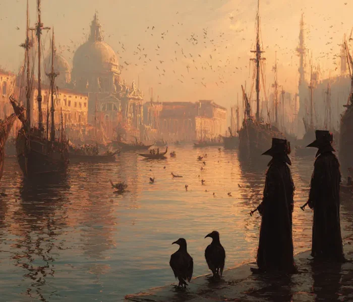 Καράβια σε καραντίνα στη Βενετία του 14ου αιώνα με γιατρούς που φορούν μάσκες-ράμφη.