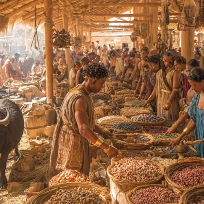 Σκηνές από την ιστορική εξέλιξη του πρώτου χρήματος στην ανθρωπότητα.