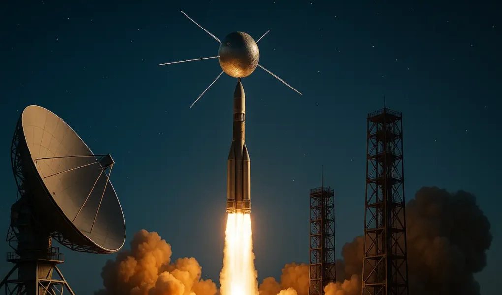 Εκτόξευση πυραύλου με δορυφόρο επικοινωνιών και κεραίες εδάφους τη νύχτα, σύμβολο της απαρχής του αμερικανικού δικτύου δορυφόρων.