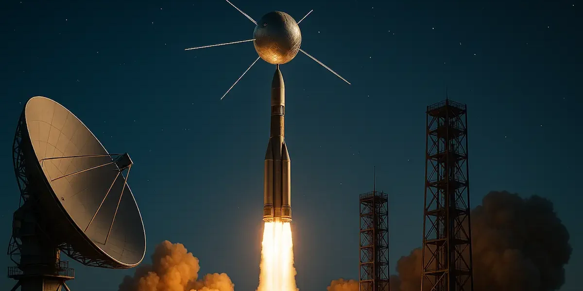 Εκτόξευση πυραύλου με δορυφόρο επικοινωνιών και κεραίες εδάφους τη νύχτα, σύμβολο της απαρχής του αμερικανικού δικτύου δορυφόρων.