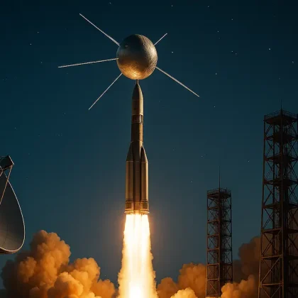 Εκτόξευση πυραύλου με δορυφόρο επικοινωνιών και κεραίες εδάφους τη νύχτα, σύμβολο της απαρχής του αμερικανικού δικτύου δορυφόρων.