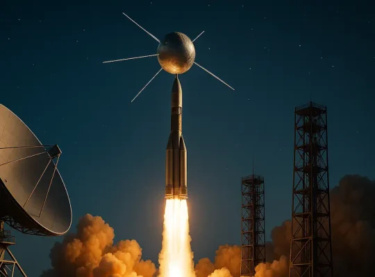 Εκτόξευση πυραύλου με δορυφόρο επικοινωνιών και κεραίες εδάφους τη νύχτα, σύμβολο της απαρχής του αμερικανικού δικτύου δορυφόρων.