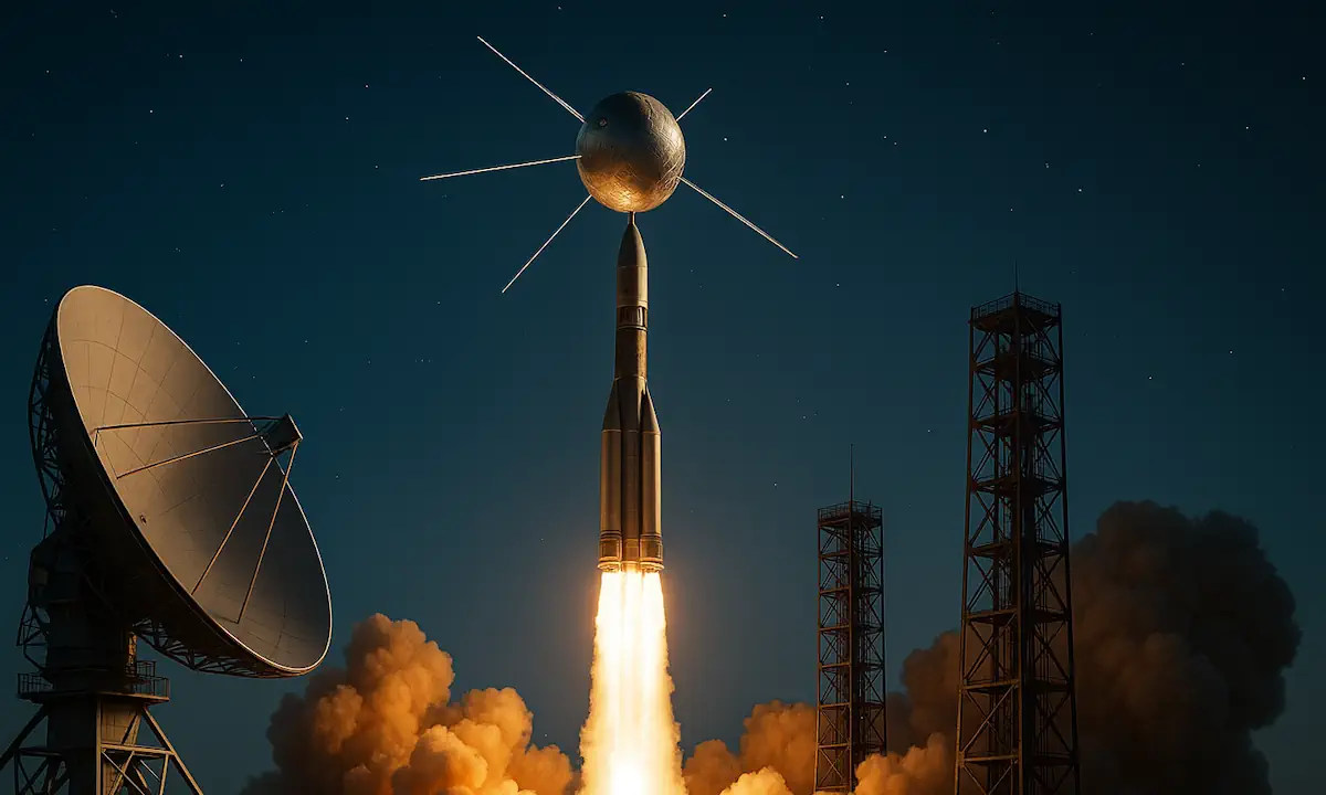 Εκτόξευση πυραύλου με δορυφόρο επικοινωνιών και κεραίες εδάφους τη νύχτα, σύμβολο της απαρχής του αμερικανικού δικτύου δορυφόρων.