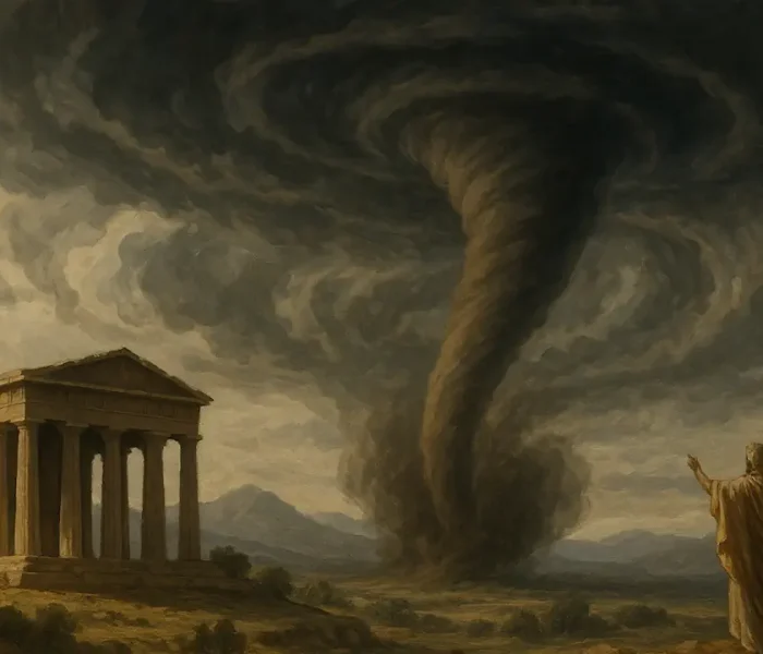 Ανεμοστρόβιλος δίπλα σε αρχαίο ελληνικό ναό κάτω από σκοτεινό ουρανό.
