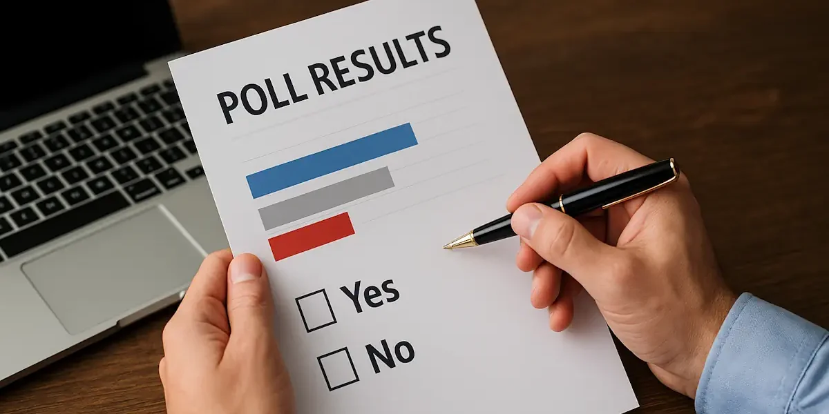 Άτομο κρατά φύλλο δημοσκόπησης με γραφήματα και κουτάκια επιλογών δίπλα σε υπολογιστή.