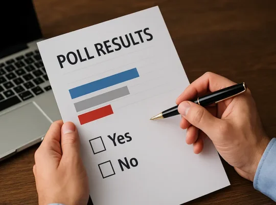 Άτομο κρατά φύλλο δημοσκόπησης με γραφήματα και κουτάκια επιλογών δίπλα σε υπολογιστή.