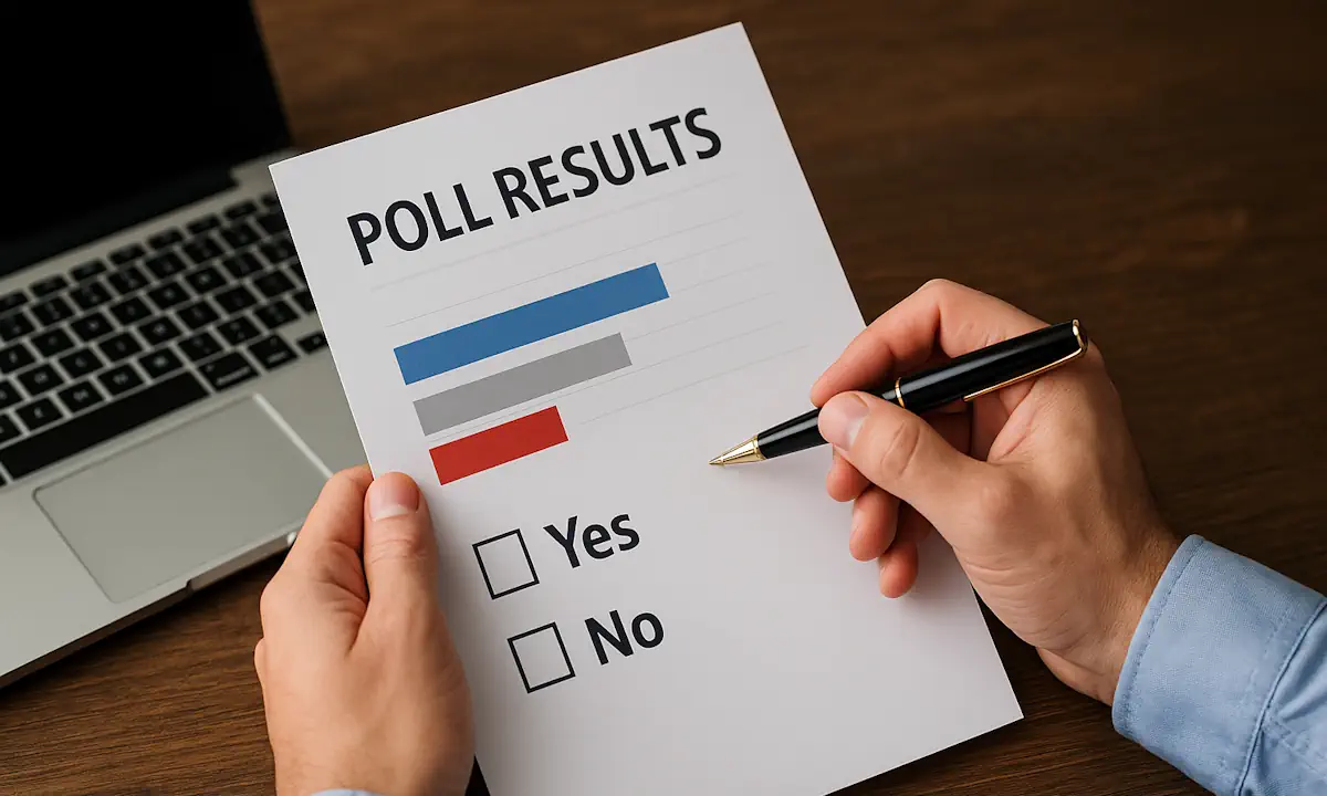 Άτομο κρατά φύλλο δημοσκόπησης με γραφήματα και κουτάκια επιλογών δίπλα σε υπολογιστή.