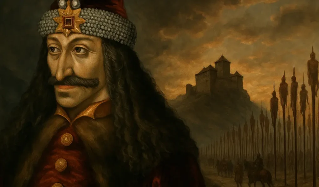 Πορτρέτο του Βλαντ Γ΄ Τεπές μπροστά από κάστρο με πασσάλους και ομίχλη, σε δραματικό μεσαιωνικό φόντο.