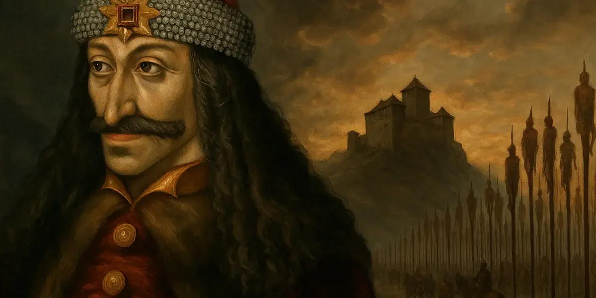 Πορτρέτο του Βλαντ Γ΄ Τεπές μπροστά από κάστρο με πασσάλους και ομίχλη, σε δραματικό μεσαιωνικό φόντο.