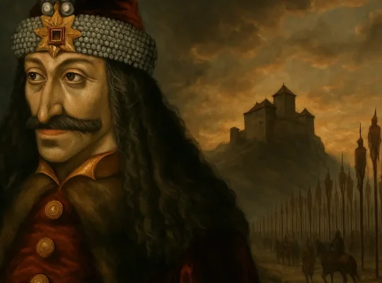 Πορτρέτο του Βλαντ Γ΄ Τεπές μπροστά από κάστρο με πασσάλους και ομίχλη, σε δραματικό μεσαιωνικό φόντο.