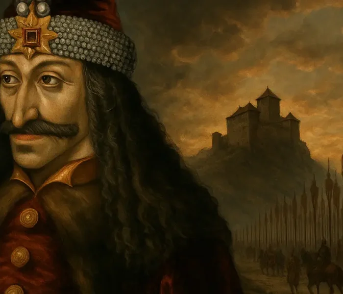Πορτρέτο του Βλαντ Γ΄ Τεπές μπροστά από κάστρο με πασσάλους και ομίχλη, σε δραματικό μεσαιωνικό φόντο.