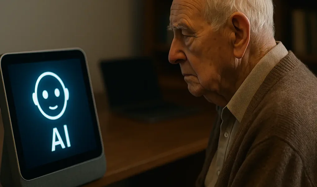 Ηλικιωμένος άνδρας κοιτάζει οθόνη με σύμβολο AI σε ζεστό φωτισμένο δωμάτιο, συμβολίζοντας το χάσμα γενεών στην τεχνολογία.