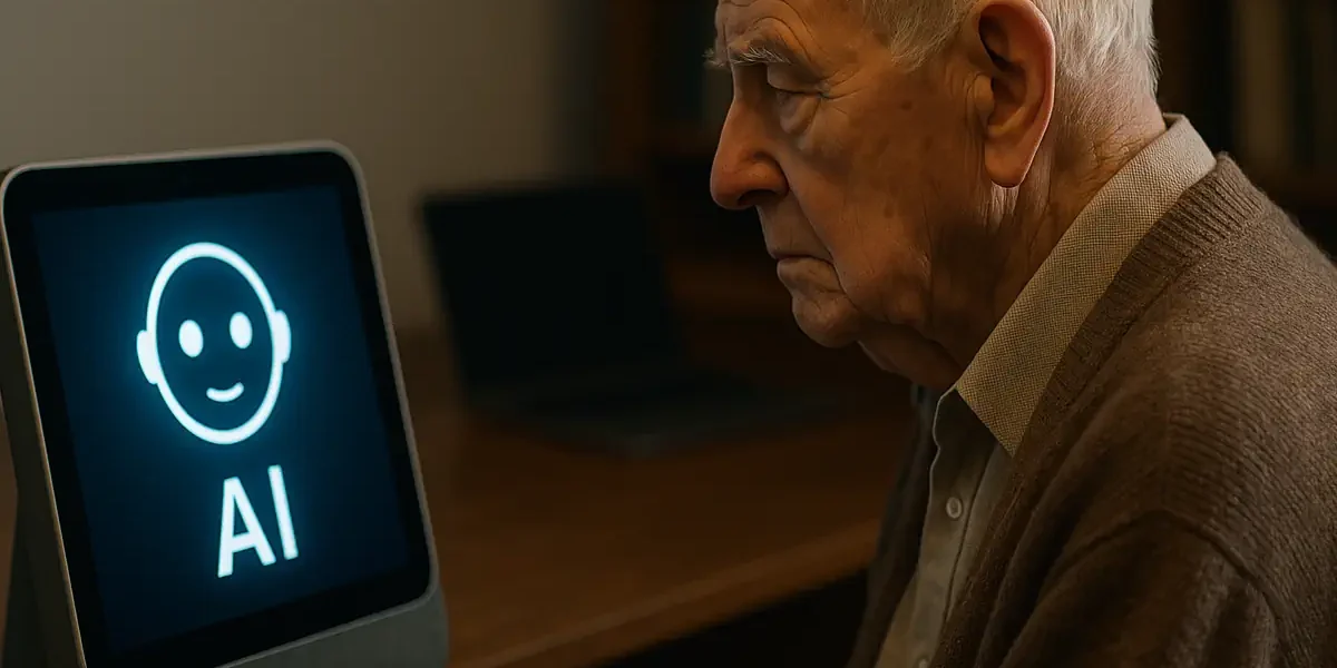 Ηλικιωμένος άνδρας κοιτάζει οθόνη με σύμβολο AI σε ζεστό φωτισμένο δωμάτιο, συμβολίζοντας το χάσμα γενεών στην τεχνολογία.