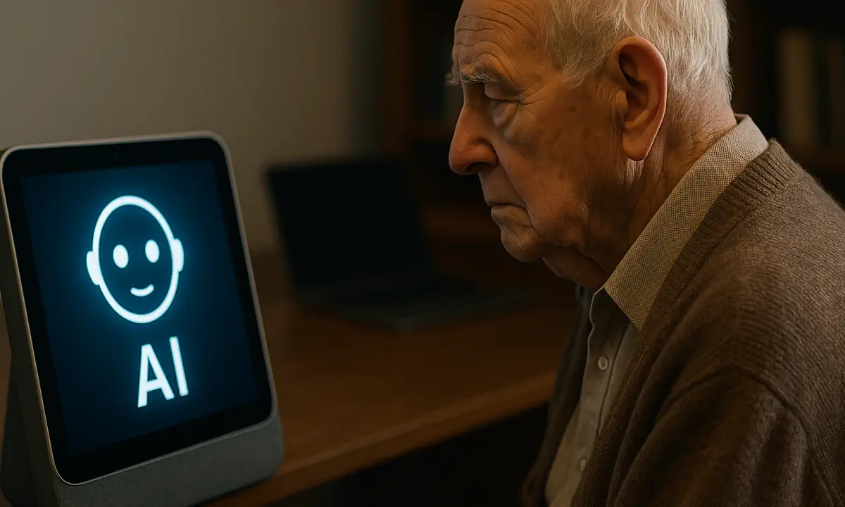 Ηλικιωμένος άνδρας κοιτάζει οθόνη με σύμβολο AI σε ζεστό φωτισμένο δωμάτιο, συμβολίζοντας το χάσμα γενεών στην τεχνολογία.
