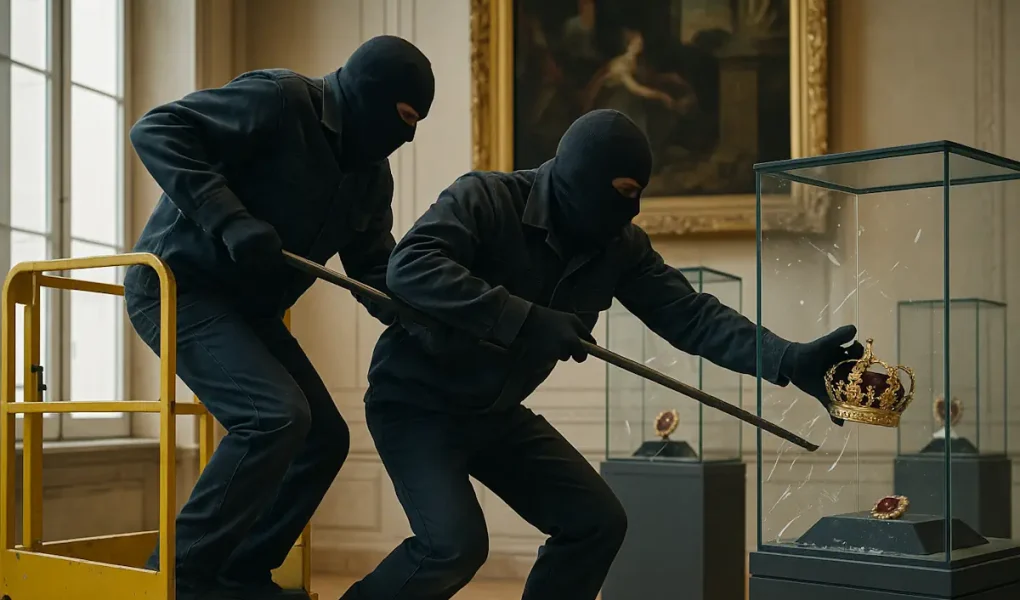 Δύο ληστές με μάσκες κλέβουν χρυσό στέμμα από προθήκη μουσείου χρησιμοποιώντας λοστό.