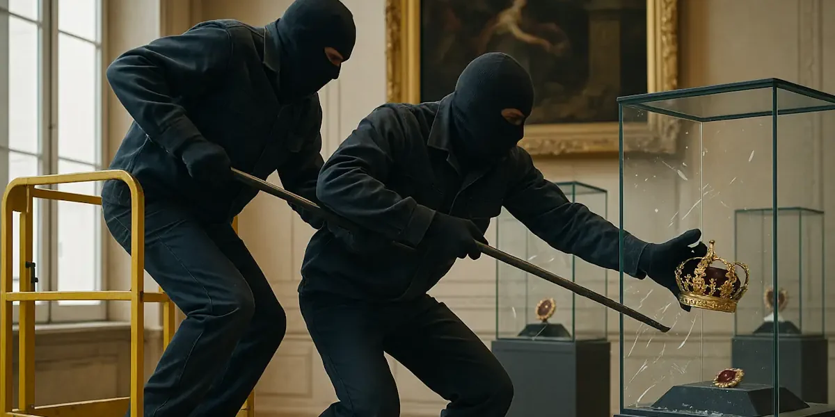 Δύο ληστές με μάσκες κλέβουν χρυσό στέμμα από προθήκη μουσείου χρησιμοποιώντας λοστό.