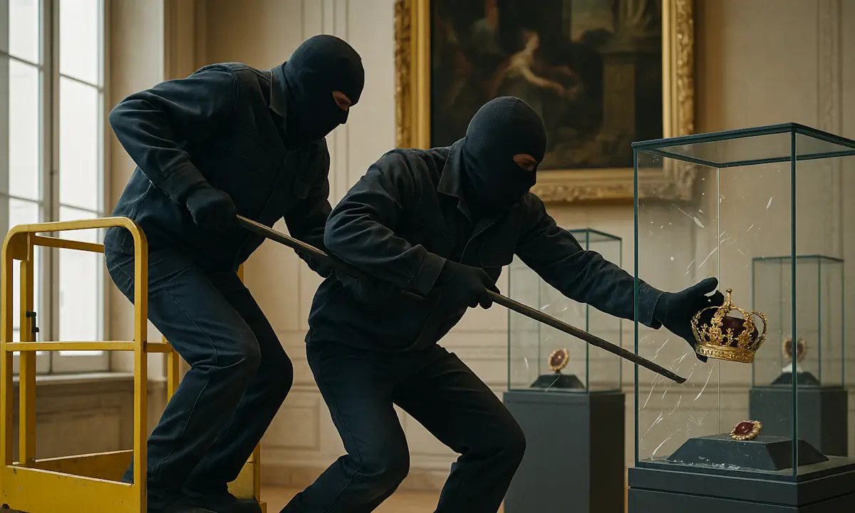 Δύο ληστές με μάσκες κλέβουν χρυσό στέμμα από προθήκη μουσείου χρησιμοποιώντας λοστό.