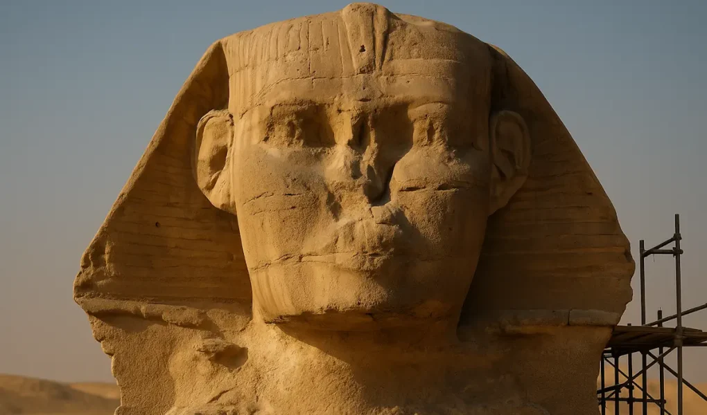 Πρόσωπο της Μεγάλης Σφίγγας χωρίς μύτη με εμφανή ίχνη εργαλείων και υφή ασβεστόλιθου σε χρυσό φως