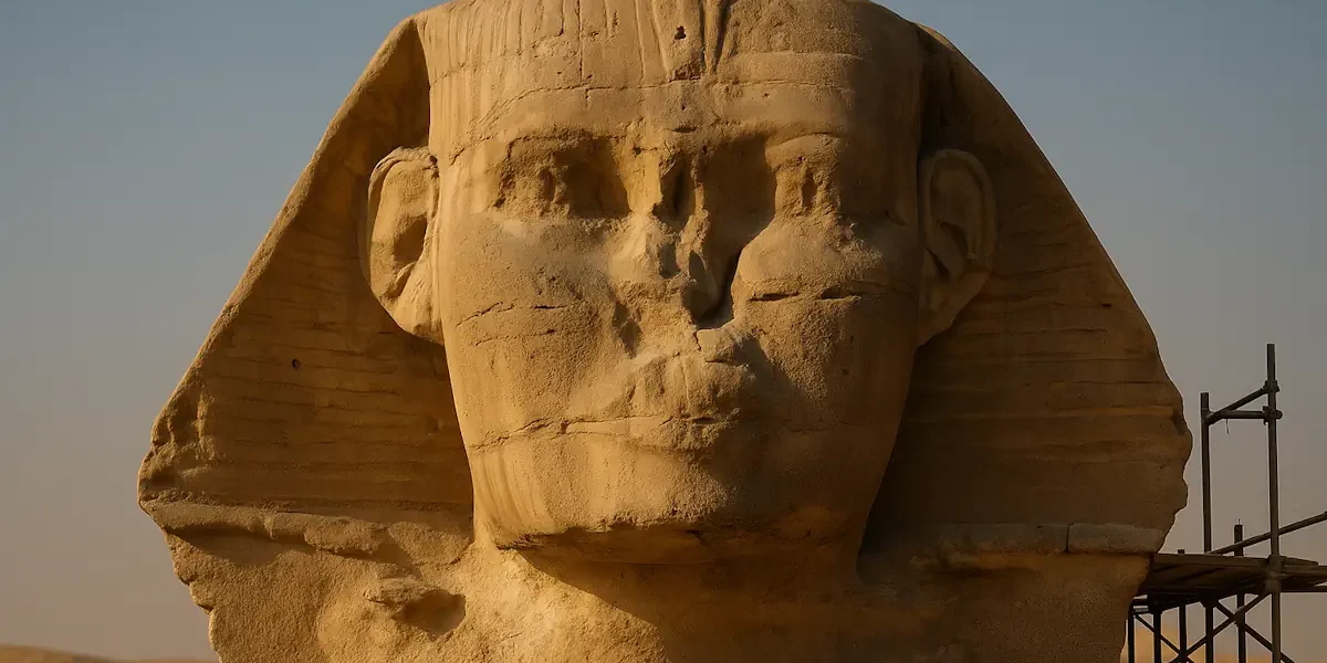 Πρόσωπο της Μεγάλης Σφίγγας χωρίς μύτη με εμφανή ίχνη εργαλείων και υφή ασβεστόλιθου σε χρυσό φως