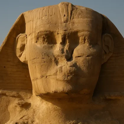 Πρόσωπο της Μεγάλης Σφίγγας χωρίς μύτη με εμφανή ίχνη εργαλείων και υφή ασβεστόλιθου σε χρυσό φως