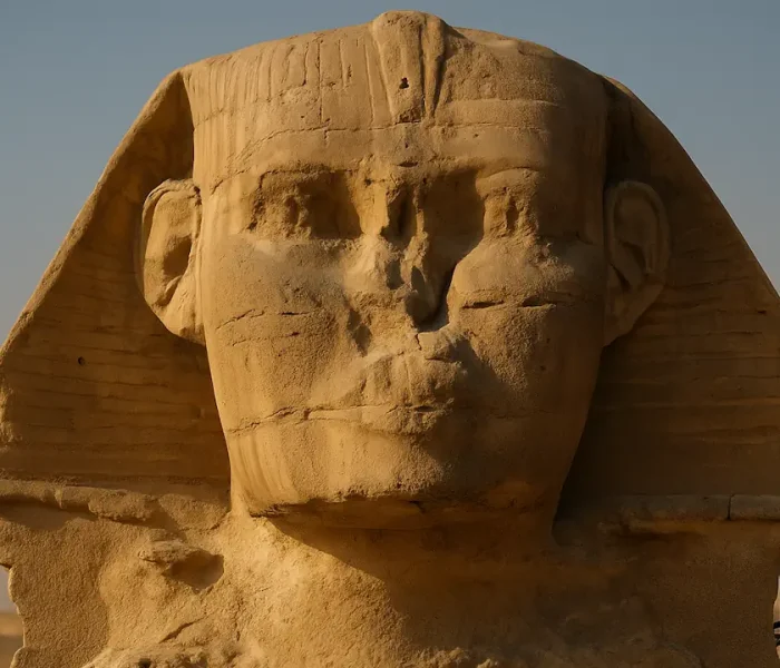 Πρόσωπο της Μεγάλης Σφίγγας χωρίς μύτη με εμφανή ίχνη εργαλείων και υφή ασβεστόλιθου σε χρυσό φως