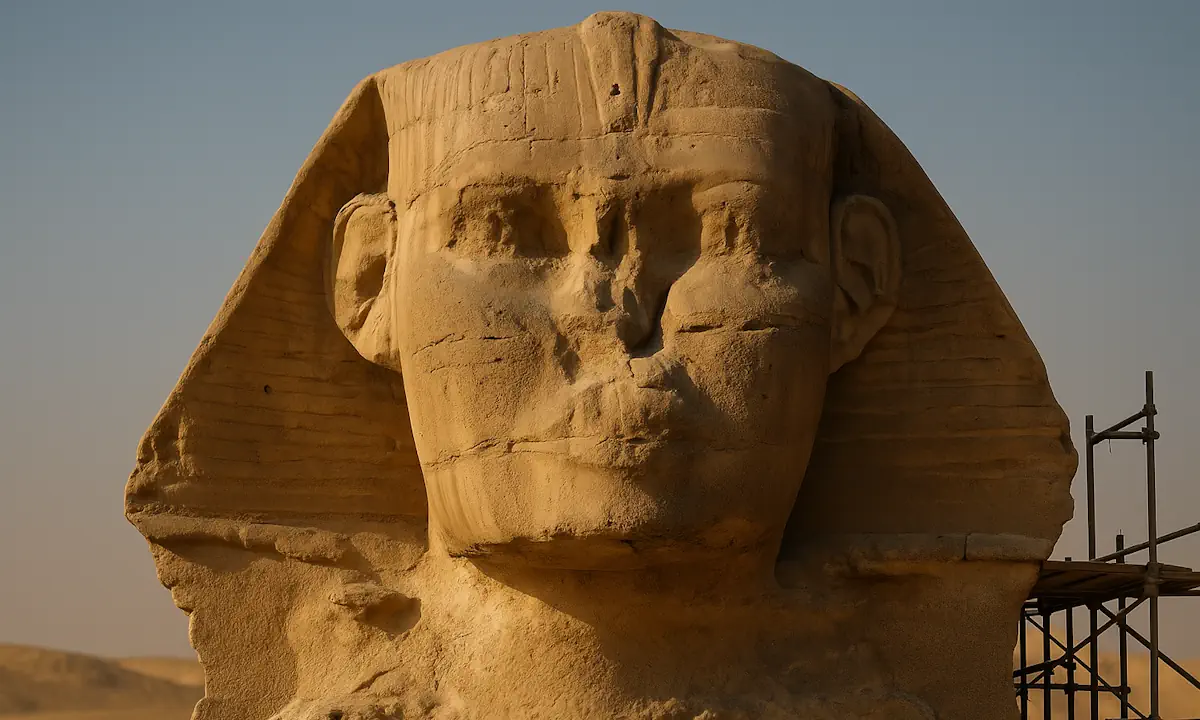 Πρόσωπο της Μεγάλης Σφίγγας χωρίς μύτη με εμφανή ίχνη εργαλείων και υφή ασβεστόλιθου σε χρυσό φως