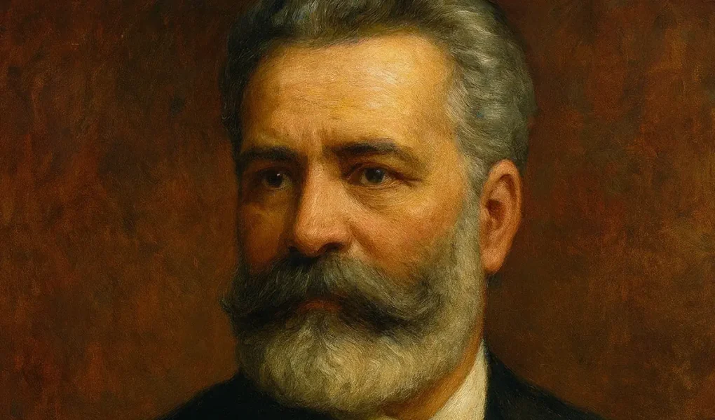 Ψηφιακό πορτρέτο του Βλάσιου Σκορδέλη με γένια και σκούρο κοστούμι.