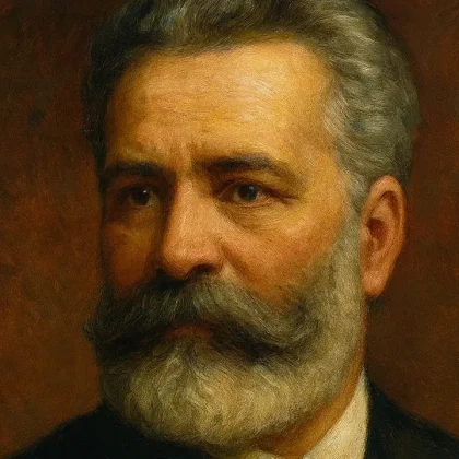 Ψηφιακό πορτρέτο του Βλάσιου Σκορδέλη με γένια και σκούρο κοστούμι.