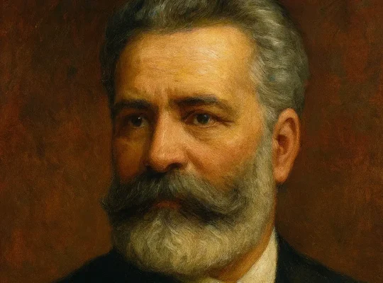 Ψηφιακό πορτρέτο του Βλάσιου Σκορδέλη με γένια και σκούρο κοστούμι.