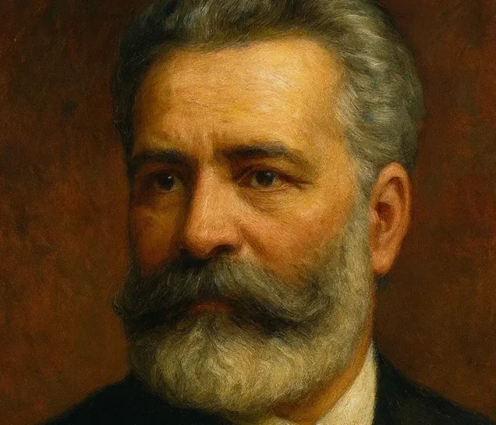 Ψηφιακό πορτρέτο του Βλάσιου Σκορδέλη με γένια και σκούρο κοστούμι.
